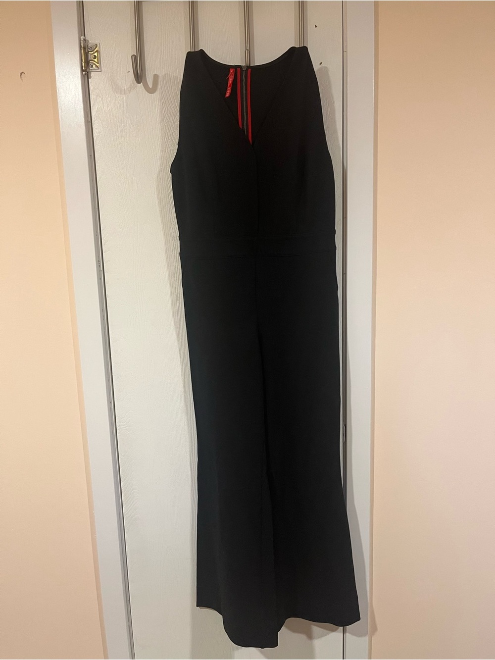 SPANX Black Sleeveless Flare Leg Jumpsuit with Red Zip Detail